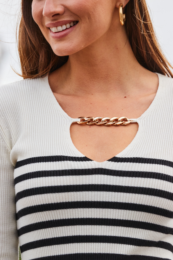 White & Black Stripe Print Fine Knit Gold Chain Detail Top