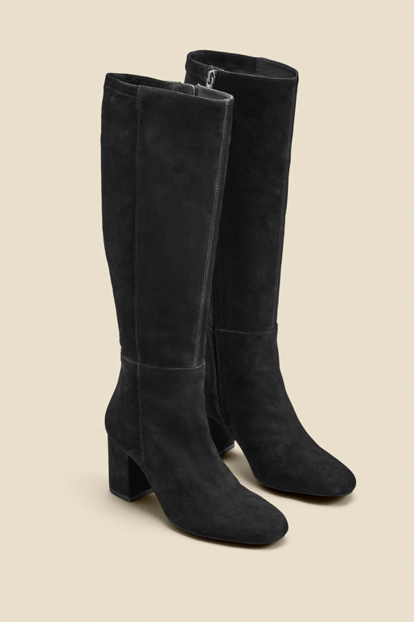 Black Stretch Suede Low Block Heel Knee High Boot
