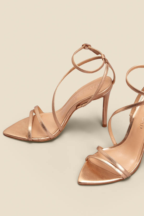 Rose Gold Leather Multi Strap Pointed Toe Stiletto Heel Sandals