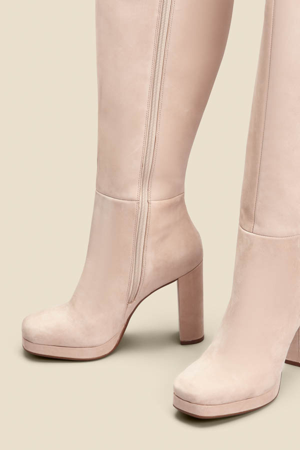 Taupe Nubuck Leather Block Heel Knee High Platform Boot
