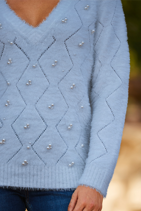 Soft Blue Pointelle Pearl Embellished Jumper