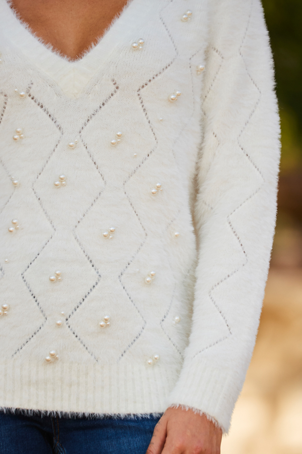 Cream Pointelle Pearl Embellished Jumper