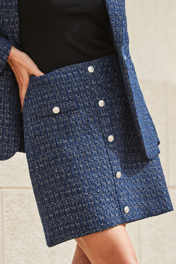 Navy Blue Metallic Boucle Button Front A-Line Skirt