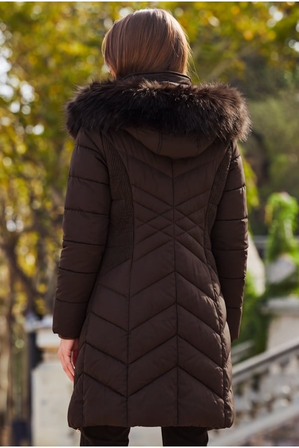 Chocolate Brown Faux Fur Shawl Collar Padded Coat