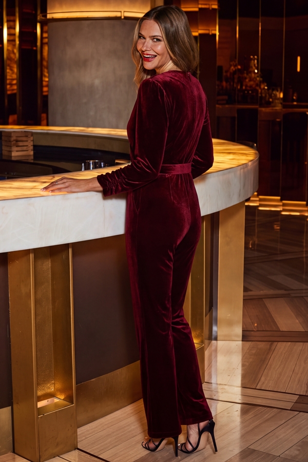 Ruby Red Velvet Wrap Ruched Detail Jumpsuit