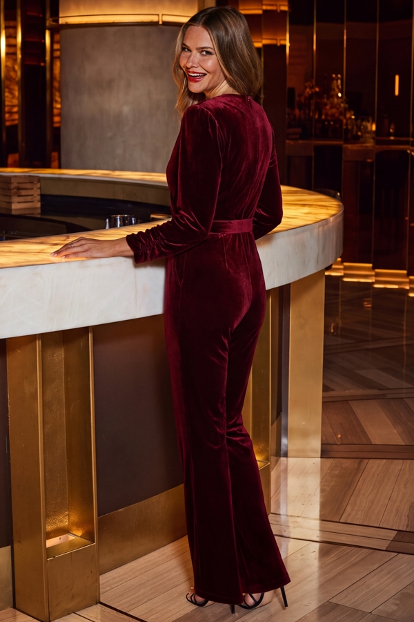 Ruby Red Velvet Wrap Ruched Detail Jumpsuit