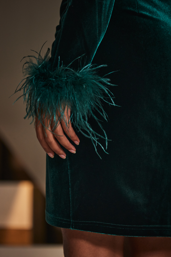 Emerald Green Velvet Feather Cuff Wrap Pencil Dress