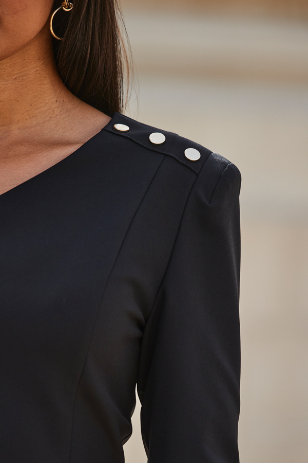Black Asymmetric Neckline Pencil Dress With Button Detail