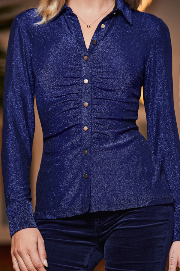Midnight Blue Metallic Jersey Ruched Detail Shirt