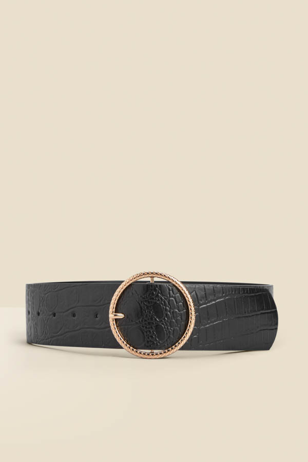 Black Croc Leather Belt With Round Buckle