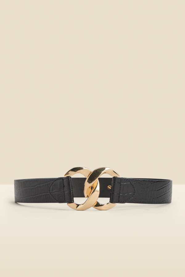 Black Croc Leather Waist Belt With Gold Clasp