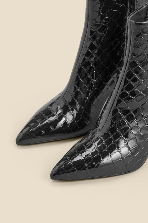 Black Croc Leather Mid Heel Ankle Boot