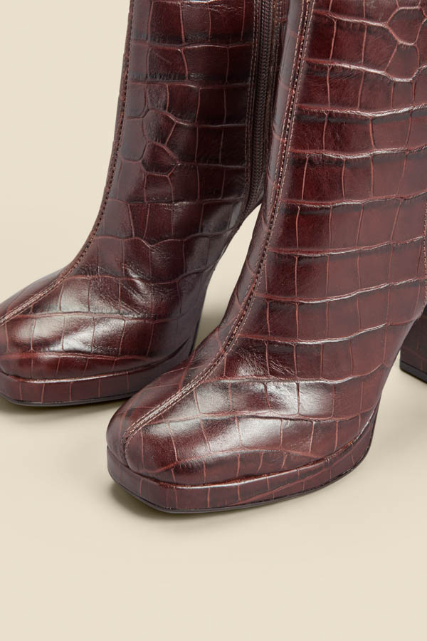 Chocolate Croc Leather Block Heel Platform Ankle Boot