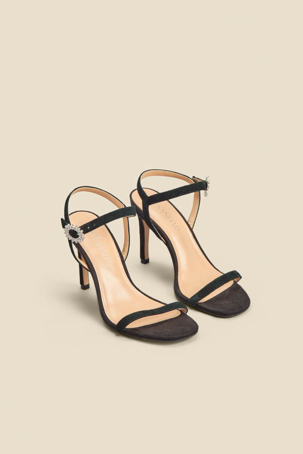 Black Suede Diamante Buckle Square Toe Sandal