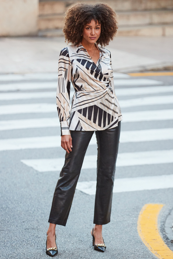 Ivory Abstract Print Collared Faux Wrap Top