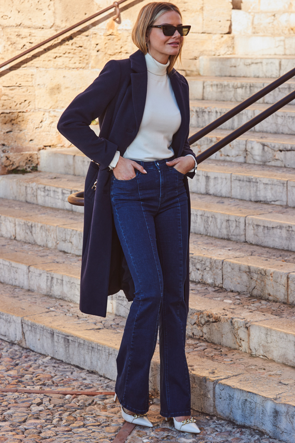 Dark Indigo Kick Flare Pintuck Jeans