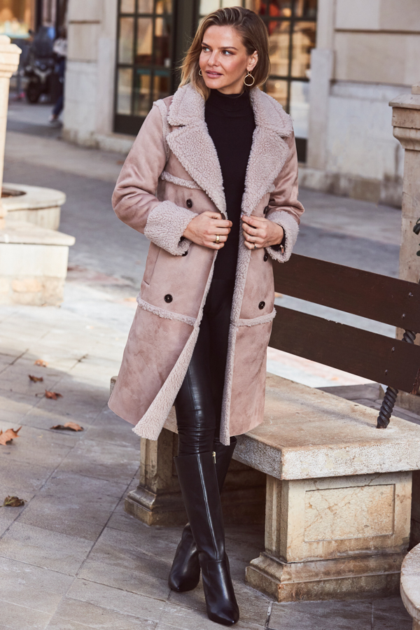 Stone Faux Suede & Shearling Double Breasted Coat