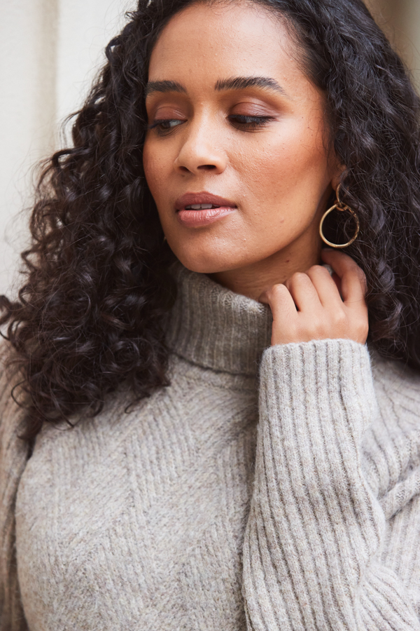 Mocha Brown Stitch Detail Roll Neck Jumper