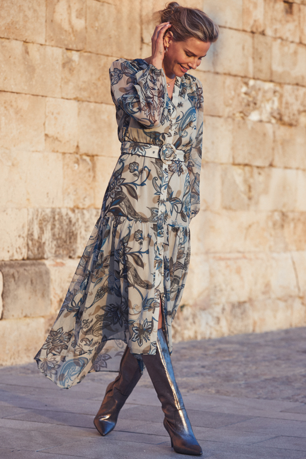 Khaki Green Paisley Floral Print Tiered Hem Midi Dress