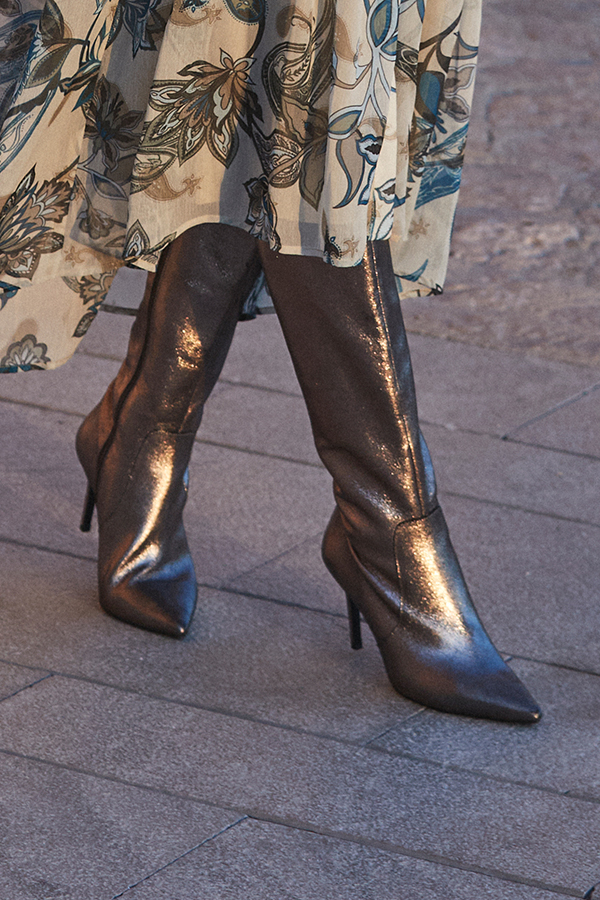 Pewter Leather Stiletto Heel Knee High Boots