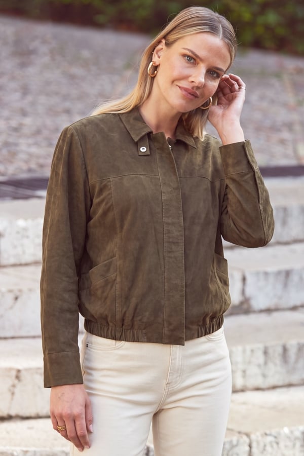 Khaki Green Suede Bomber Jacket