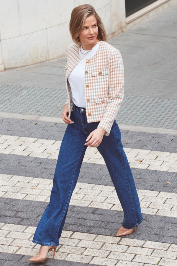 Natural Houndstooth Print Collarless Jacket