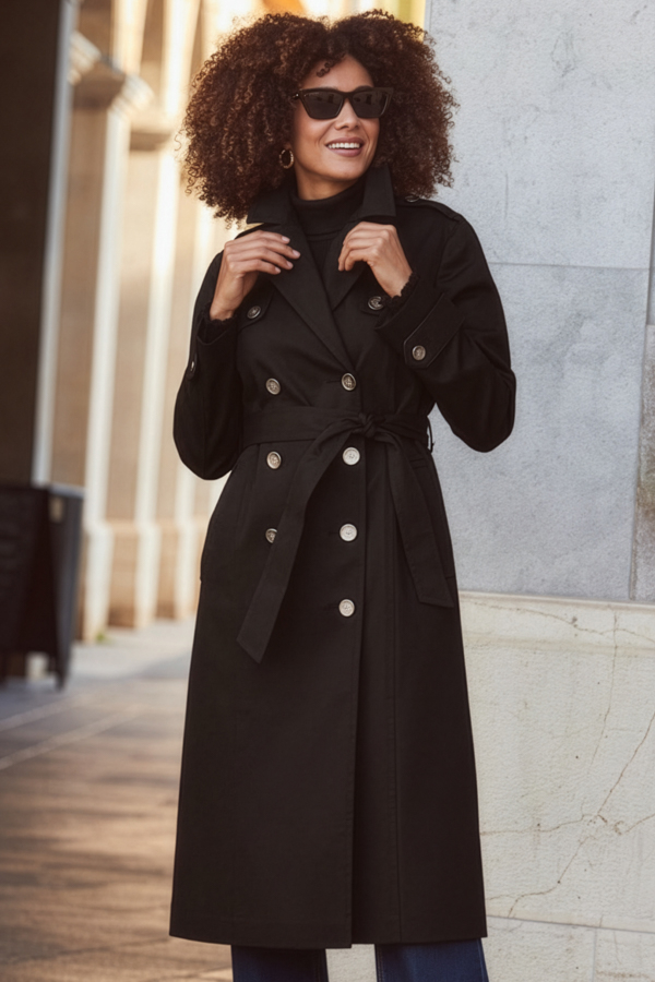 Black Longline Trench Coat With Faux Leather Trim