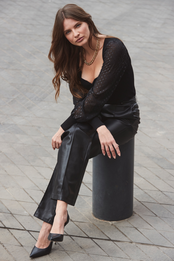 Black Polka Dot Sheer Sleeve Sweetheart Neckline Jumper