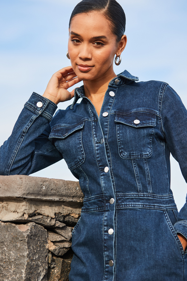 Dark Indigo Denim Long Sleeve Button Front Midi Dress