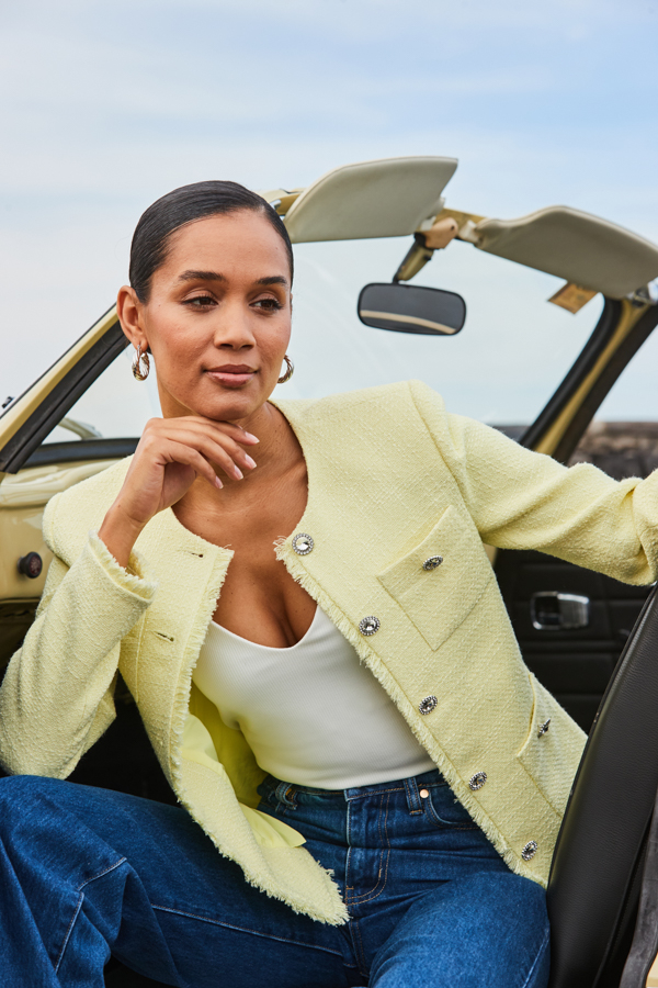Yellow Boucle Jacket With Embellished Buttons