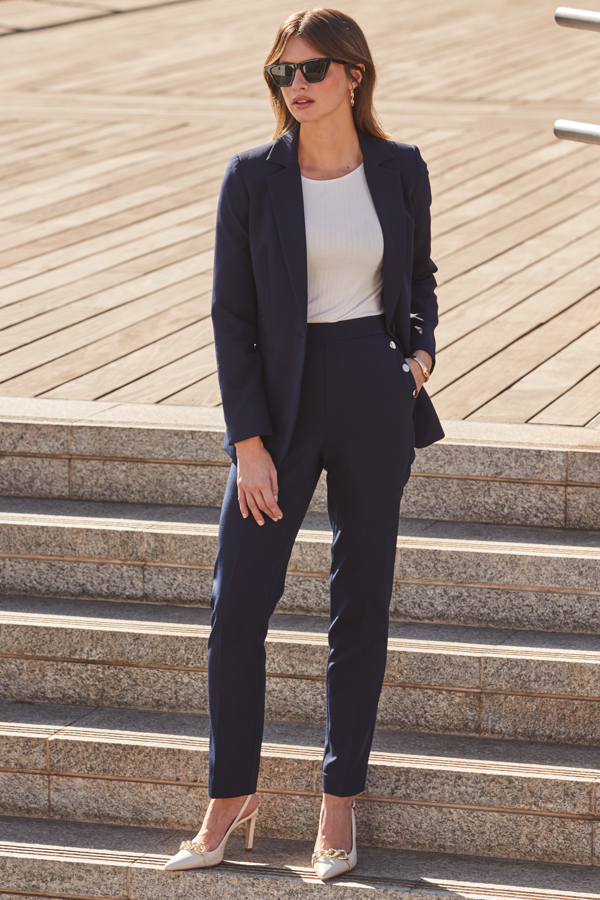 Petite Navy Blue Side Button Tapered Leg Trousers