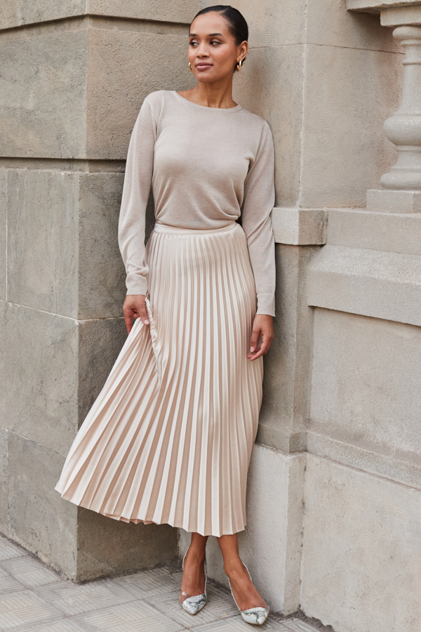Champagne Gold Pleated Satin Midi Skirt