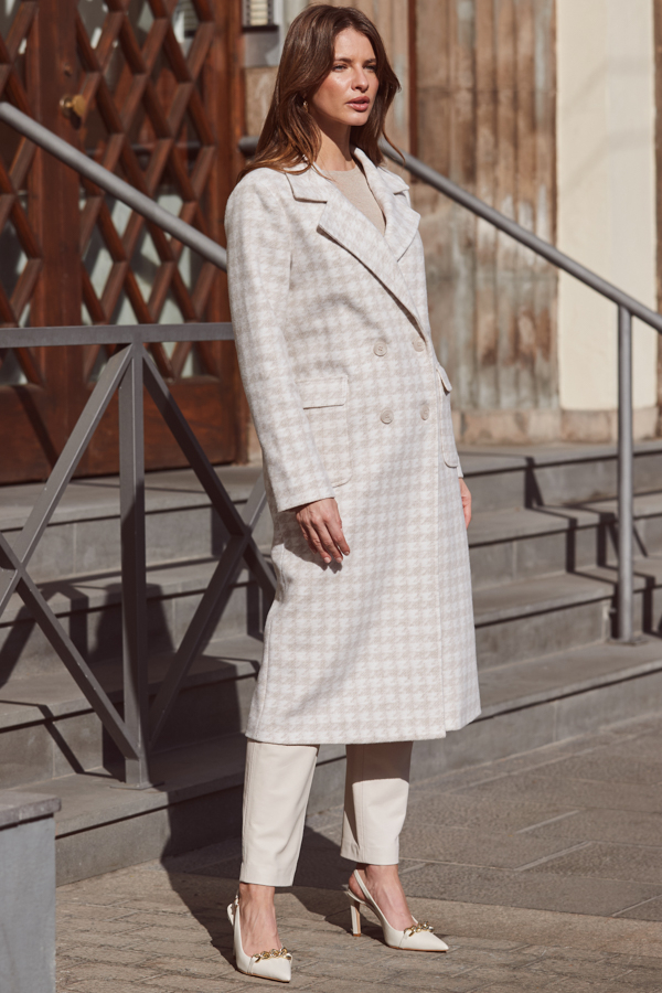 Natural Houndstooth Print Longline Coat