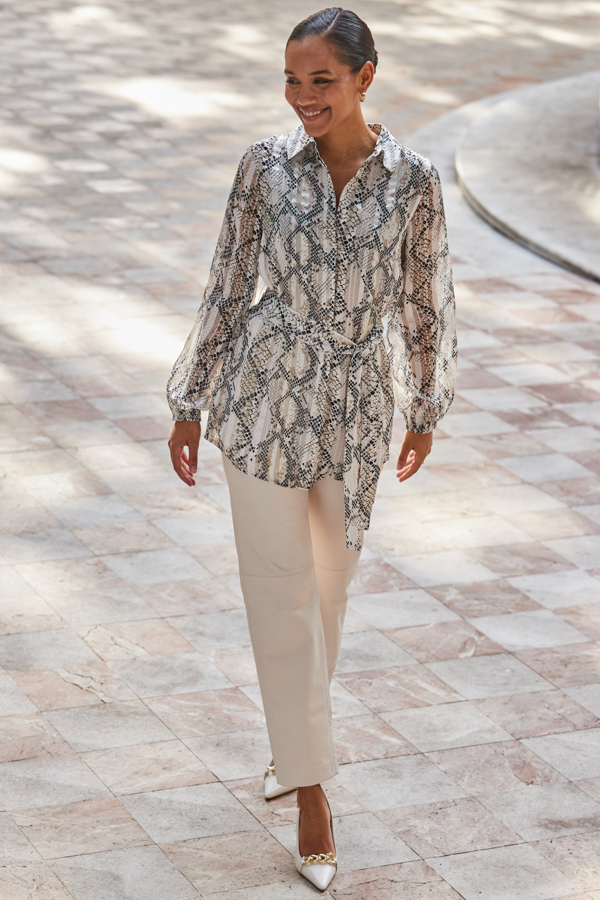 Snake Print Relaxed Fit Belted Longline Shirt