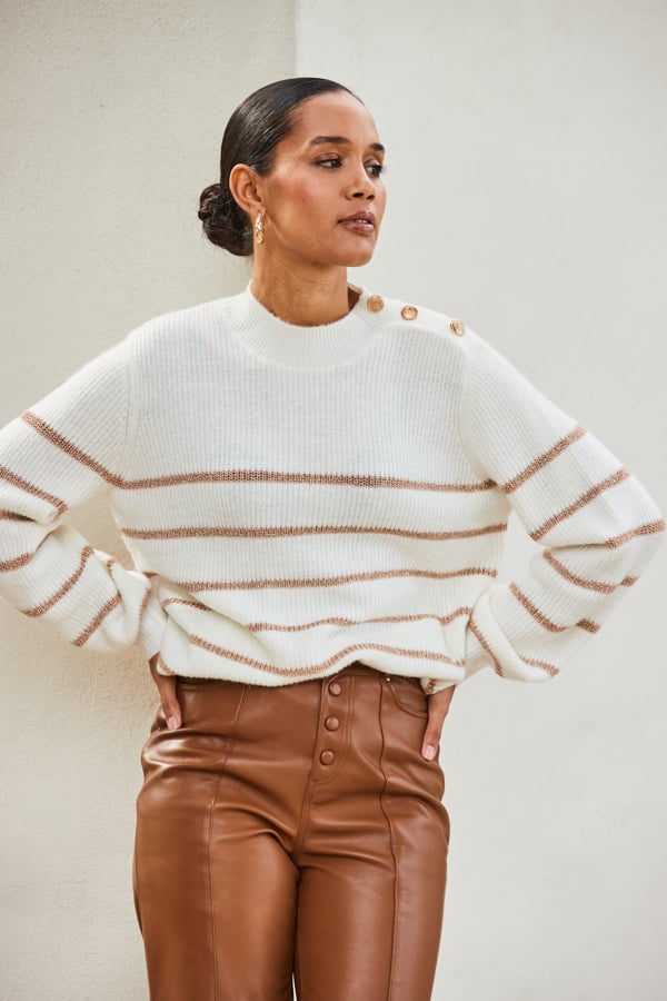Cream & Gold Metallic Stripe Button Shoulder Jumper