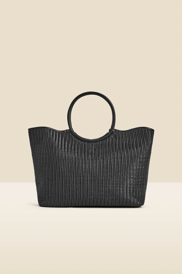 Black Faux Leather Woven Oversized Tote Bag