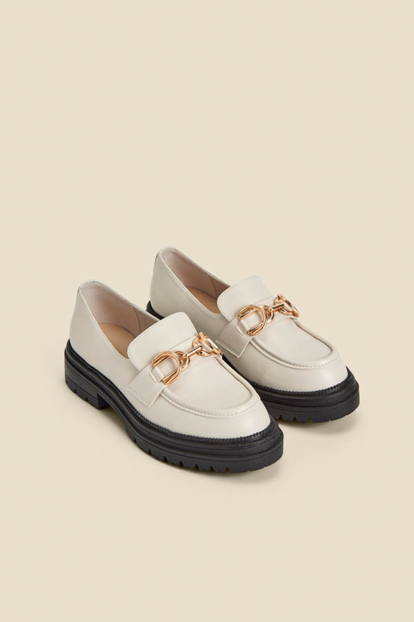 Ecru Chain Trim Chunky Loafers