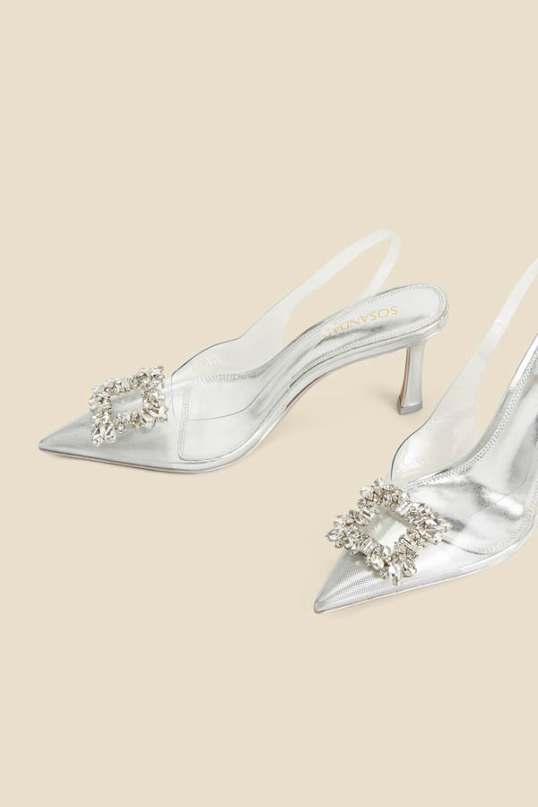 Silver Rhinestone Detail Vinyl Slingback Court Shoes