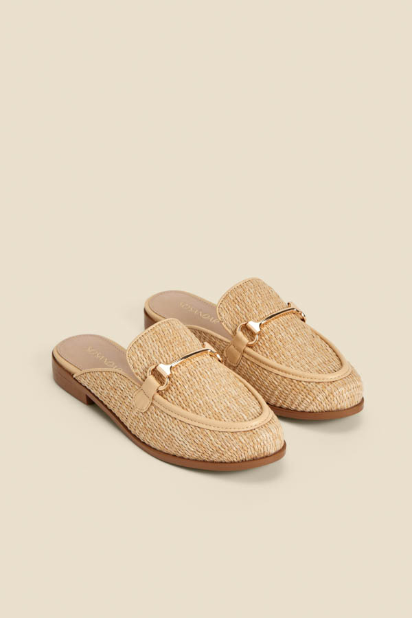 Natural Raffia Gold Trim Mule Loafers