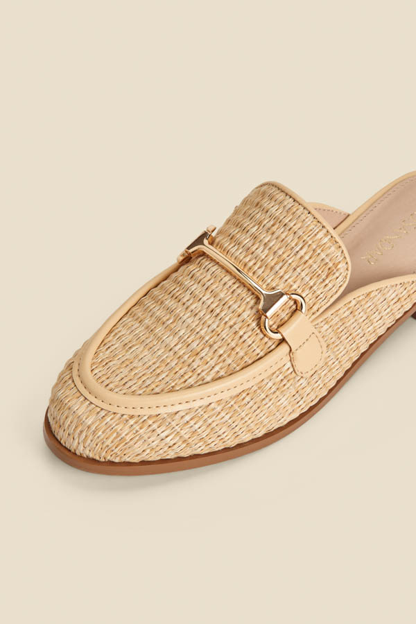 Natural Raffia Gold Trim Mule Loafers