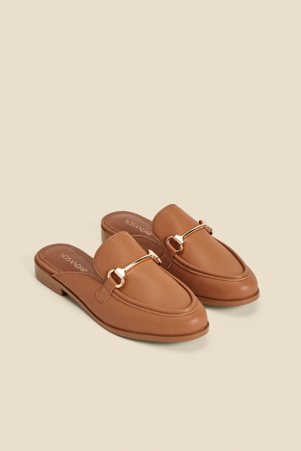 Tan Faux Leather Gold Trim Mule Loafers