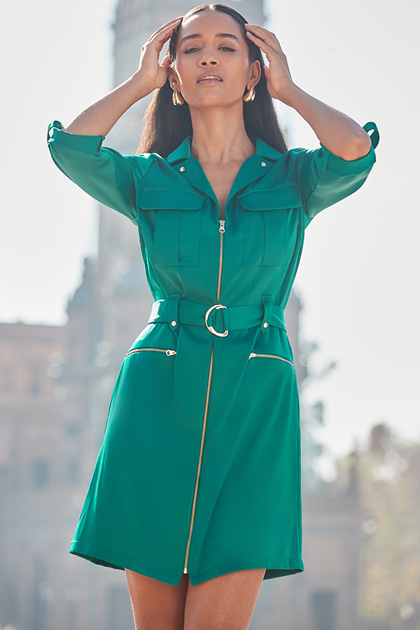 Green Satin Zip Front Utility Shirt Dress