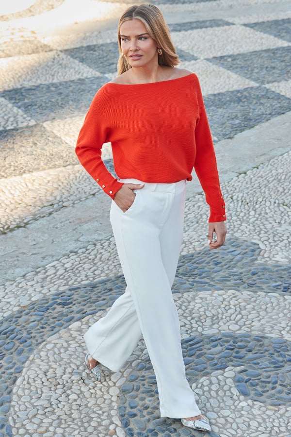 Orange Rib Batwing Jumper With Gold Button Detail