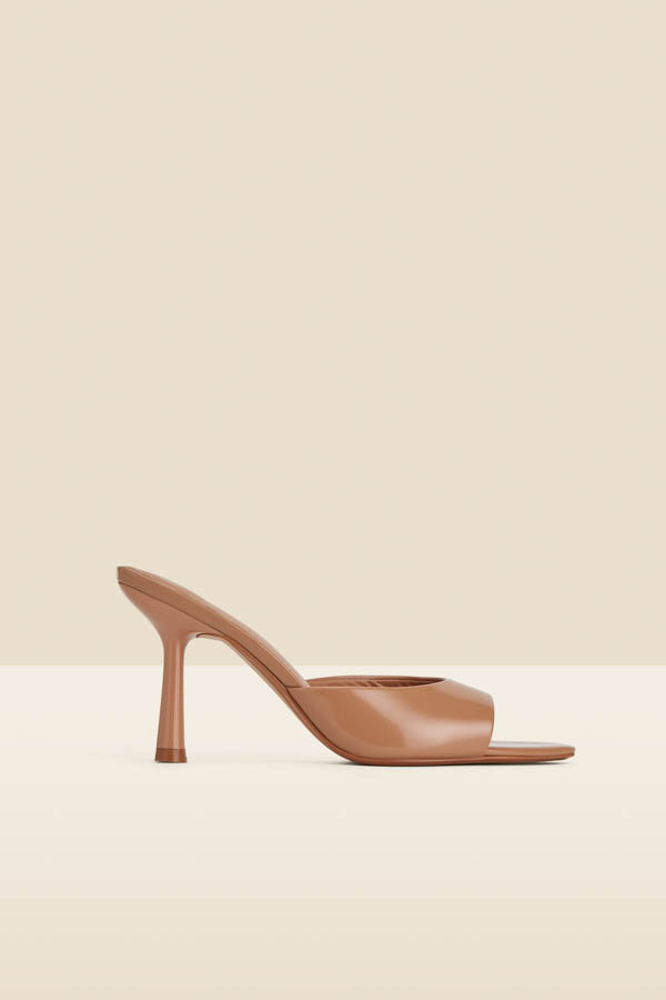 Tan Leather Flared Heel Pointed Toe Mules