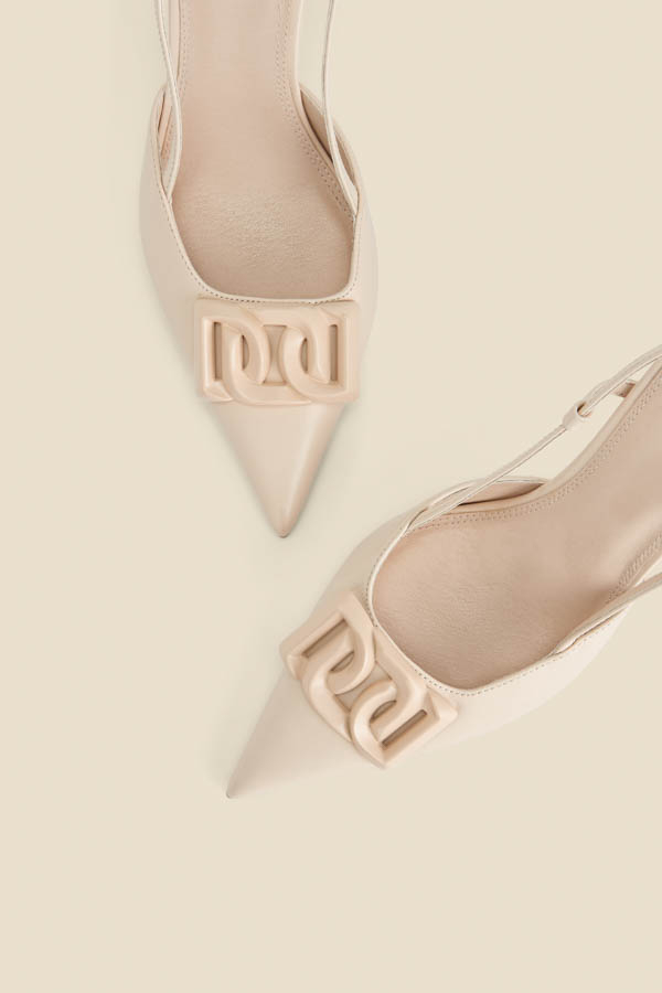 Ecru Leather Stiletto Heel Trim Detail Slingback Court Shoe