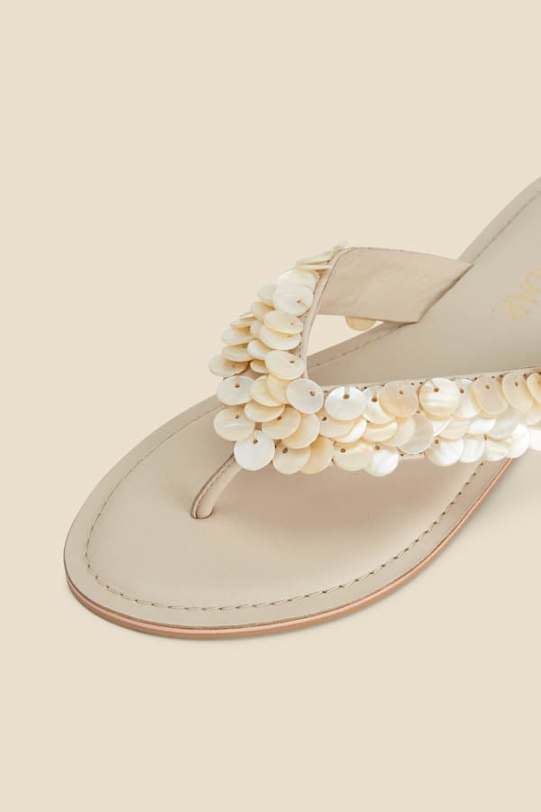 Ecru Shell Detail Leather Flip Flops