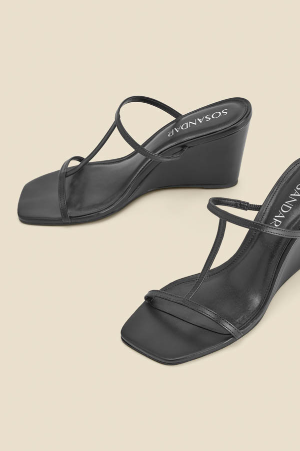 Black Leather Square Toe Strappy Wedged Mules