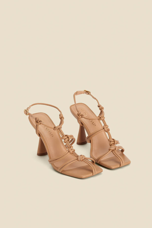 Tan Leather Knot Detail Flared Heel Sandals