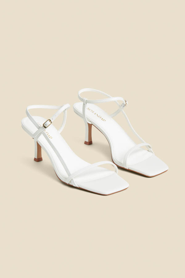White Leather Mid Heel Square Toe Sandals