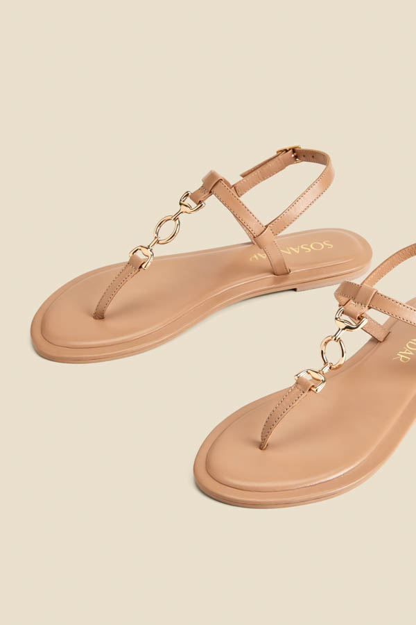 Tan Leather Trim Detail Toe Post Flat Sandals